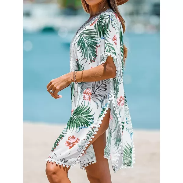 imageCUPSHE Womens Scoop Neck Tropical Floral Print Tassel Slit CoverUp Short Sleeves Mini DressWhite Floral