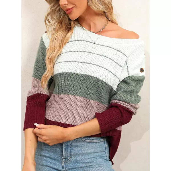 imageCUPSHE Womens Scooped Neck Stripes Long Sleeves Buttoned Knitted Casual Jumper SweaterWhite and Olive
