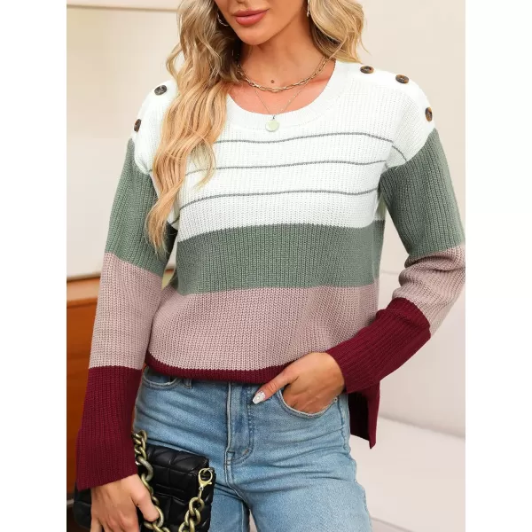 imageCUPSHE Womens Scooped Neck Stripes Long Sleeves Buttoned Knitted Casual Jumper SweaterWhite and Olive