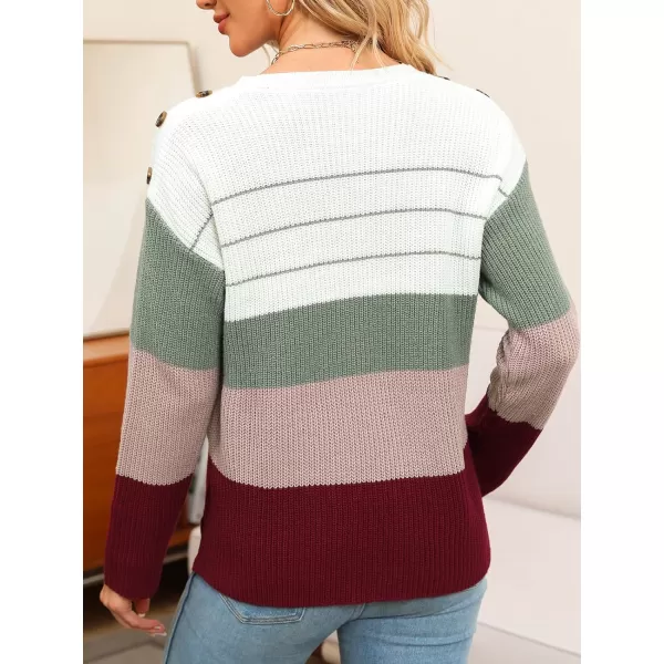 imageCUPSHE Womens Scooped Neck Stripes Long Sleeves Buttoned Knitted Casual Jumper SweaterWhite and Olive
