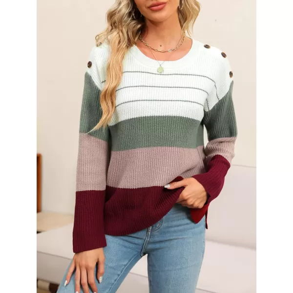 imageCUPSHE Womens Scooped Neck Stripes Long Sleeves Buttoned Knitted Casual Jumper SweaterWhite and Olive
