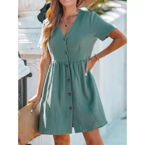 imageCUPSHE Womens Seersucker ButtonFront Mini Dress Short Sleeves Dresses V Neck Dressing Casual SummerGreen