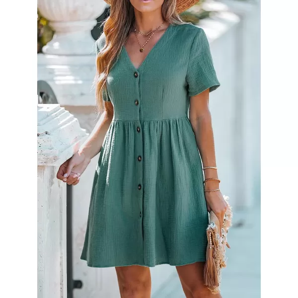 imageCUPSHE Womens Seersucker ButtonFront Mini Dress Short Sleeves Dresses V Neck Dressing Casual SummerGreen