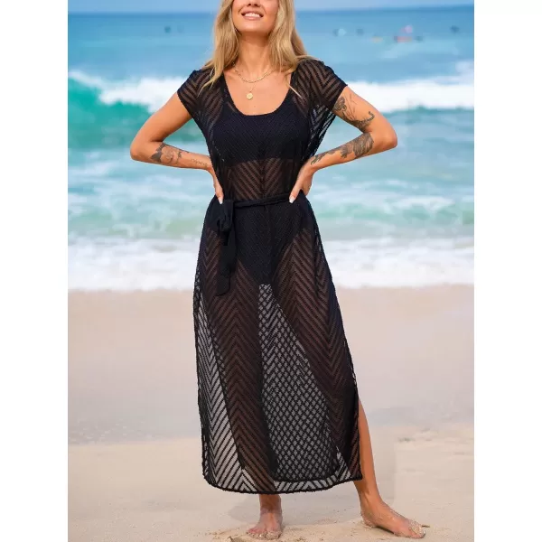 imageCUPSHE Womens Self Waist Tie Cover Up Maxi Dress Side Slit Swimsuit Coverups Lace Sheer Beach Wear 2024Black