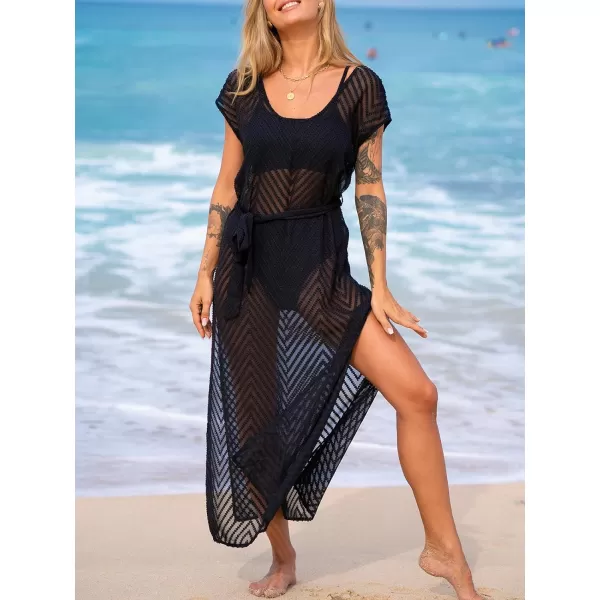 imageCUPSHE Womens Self Waist Tie Cover Up Maxi Dress Side Slit Swimsuit Coverups Lace Sheer Beach Wear 2024Black