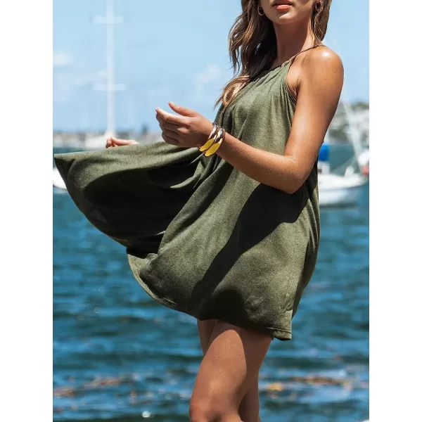 imageCUPSHE Womens Sexy Round Neck Short Length Dresses Ruched Slip Mini Dress for SummerDark Green