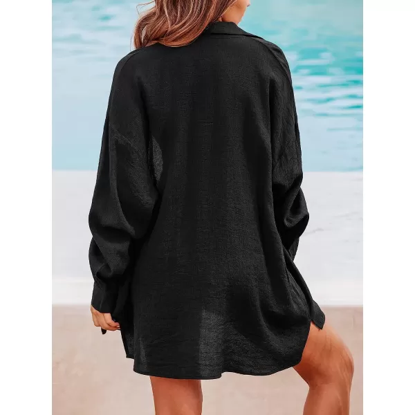 imageCUPSHE Womens Sheer Chiffon Oversized Cover Up Shirt Long Sleeve Button Down Tunic Top BeachwearBlack