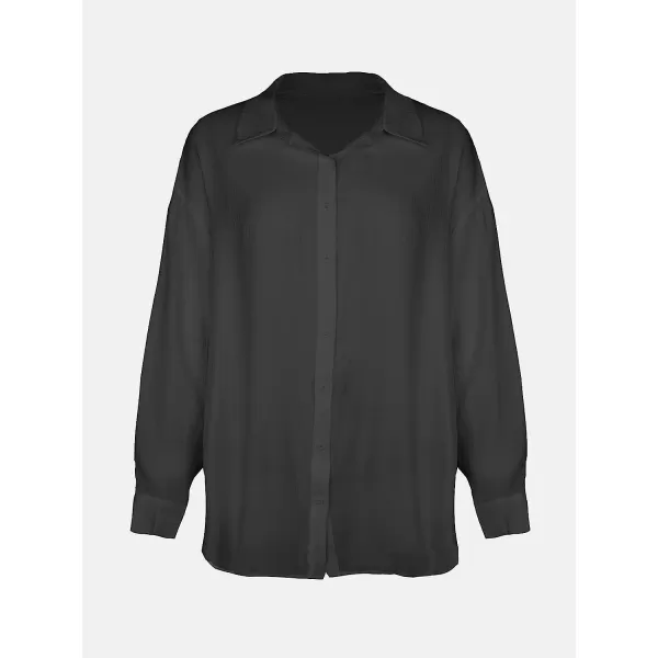 imageCUPSHE Womens Sheer Chiffon Oversized Cover Up Shirt Long Sleeve Button Down Tunic Top BeachwearBlack
