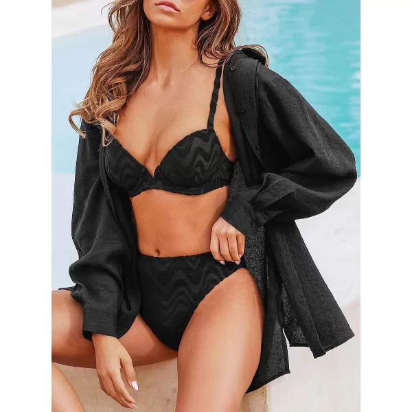 imageCUPSHE Womens Sheer Chiffon Oversized Cover Up Shirt Long Sleeve Button Down Tunic Top BeachwearBlack
