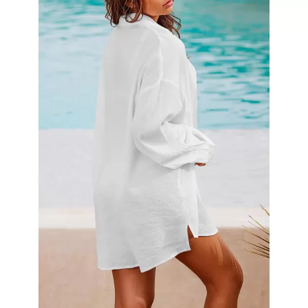 imageCUPSHE Womens Sheer Chiffon Oversized Cover Up Shirt Long Sleeve Button Down Tunic Top BeachwearWhite