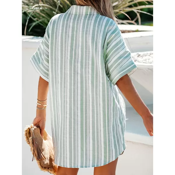 imageCUPSHE Womens Shirt Collar Twist Front Short Length Dresses Button Down Mini Dress with Short SleevesGreen Stripes