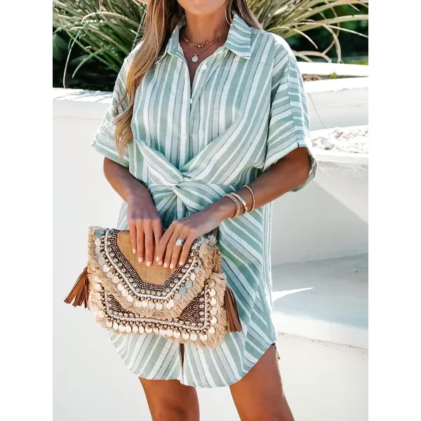 imageCUPSHE Womens Shirt Collar Twist Front Short Length Dresses Button Down Mini Dress with Short SleevesGreen Stripes
