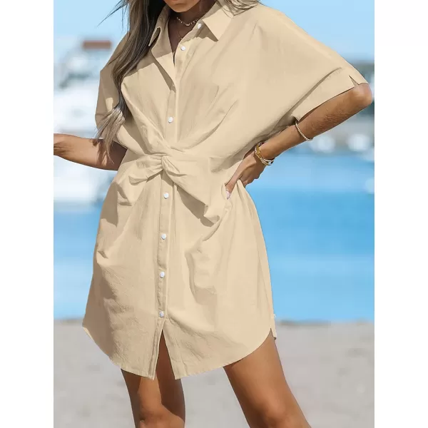 imageCUPSHE Womens Shirt Collar Twist Front Short Length Dresses Button Down Mini Dress with Short SleevesLight Yellow
