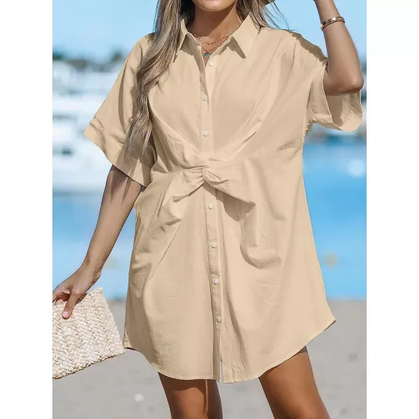 imageCUPSHE Womens Shirt Collar Twist Front Short Length Dresses Button Down Mini Dress with Short SleevesLight Yellow