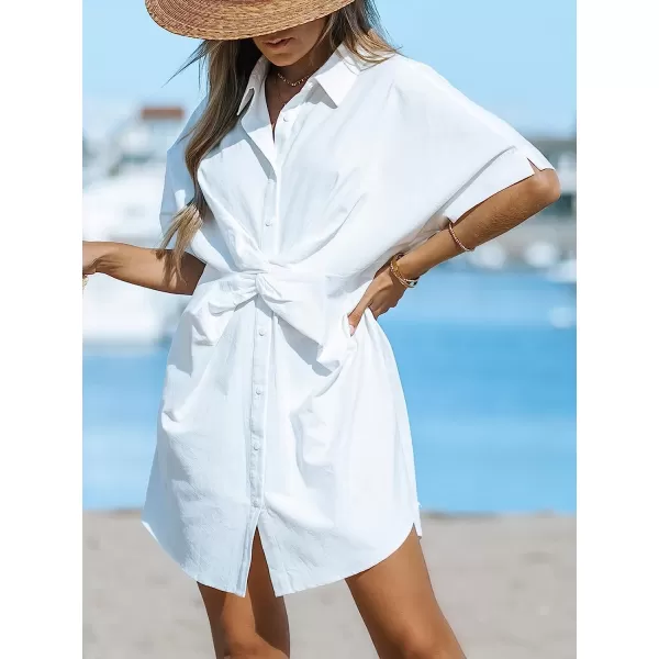 imageCUPSHE Womens Shirt Collar Twist Front Short Length Dresses Button Down Mini Dress with Short SleevesWhite