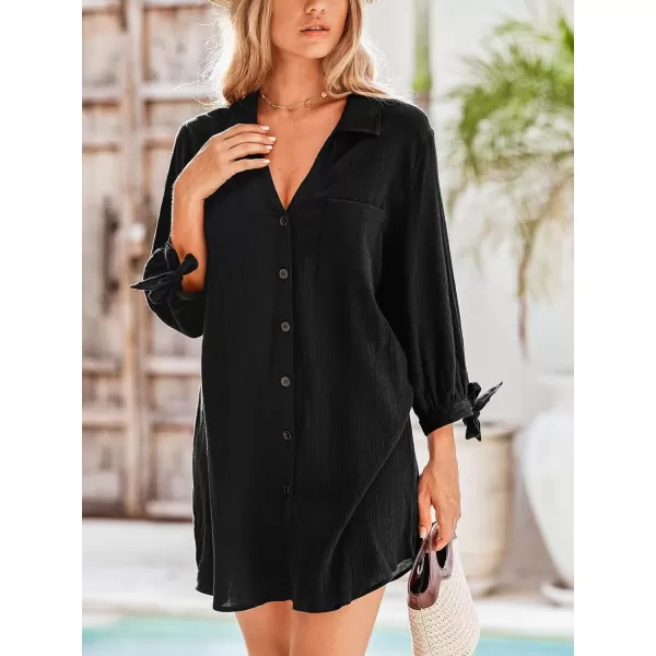 imageCUPSHE Womens Shirt Cover Up V Neck Swimsuit Button Down Casual Beach Dress 2024Black