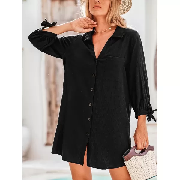 imageCUPSHE Womens Shirt Cover Up V Neck Swimsuit Button Down Casual Beach Dress 2024Black