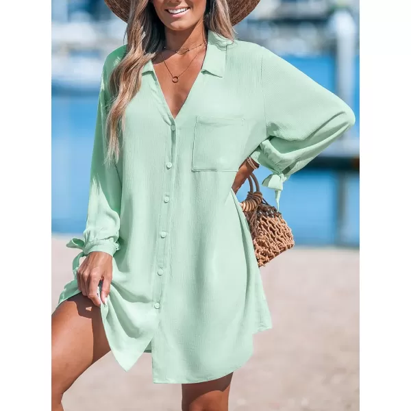 imageCUPSHE Womens Shirt Cover Up V Neck Swimsuit Button Down Casual Beach Dress 2024Mint Green