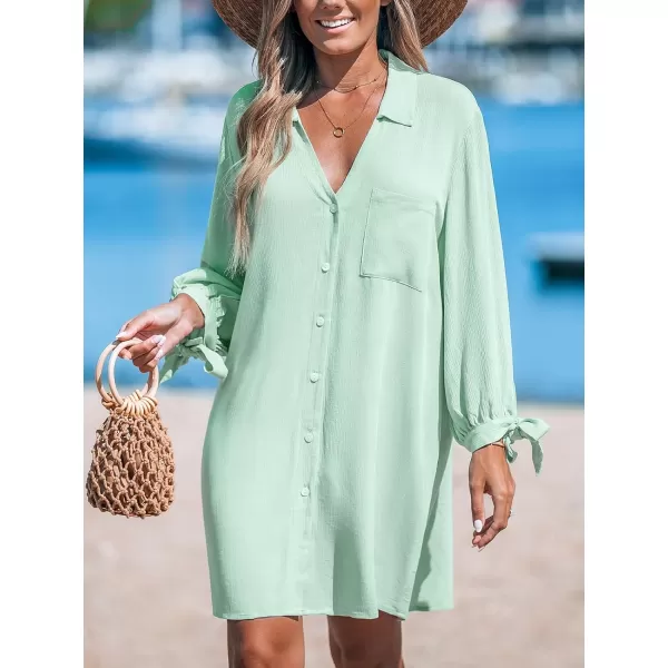 imageCUPSHE Womens Shirt Cover Up V Neck Swimsuit Button Down Casual Beach Dress 2024Mint Green