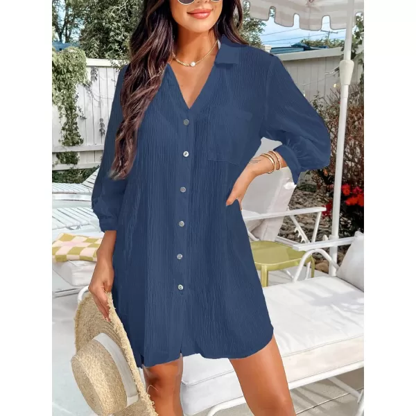 imageCUPSHE Womens Shirt Cover Up V Neck Swimsuit Button Down Casual Beach Dress 2024Navy Blue