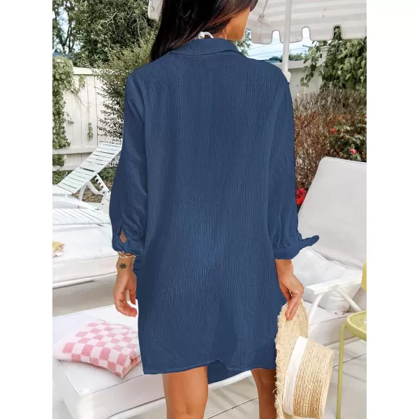 imageCUPSHE Womens Shirt Cover Up V Neck Swimsuit Button Down Casual Beach Dress 2024Navy Blue