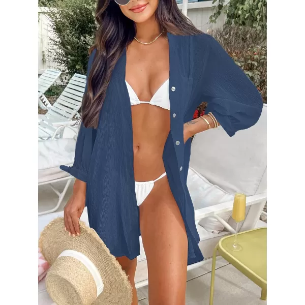 imageCUPSHE Womens Shirt Cover Up V Neck Swimsuit Button Down Casual Beach Dress 2024Navy Blue