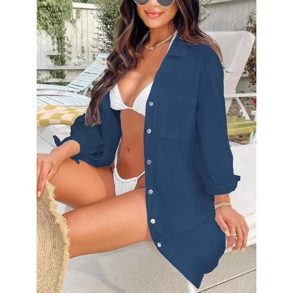 imageCUPSHE Womens Shirt Cover Up V Neck Swimsuit Button Down Casual Beach Dress 2024Navy Blue