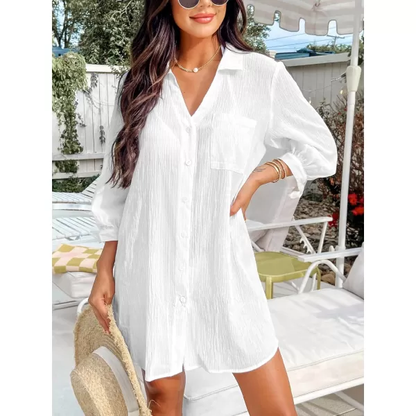 imageCUPSHE Womens Shirt Cover Up V Neck Swimsuit Button Down Casual Beach Dress 2024White