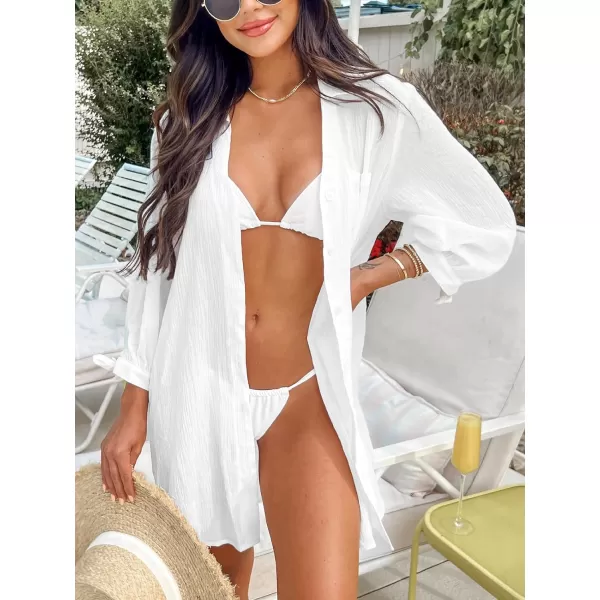 imageCUPSHE Womens Shirt Cover Up V Neck Swimsuit Button Down Casual Beach Dress 2024White