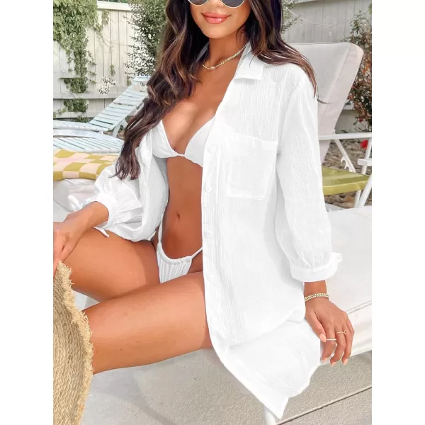 imageCUPSHE Womens Shirt Cover Up V Neck Swimsuit Button Down Casual Beach Dress 2024White