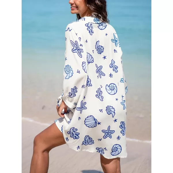 imageCUPSHE Womens Shirt Cover Up V Neck Swimsuit Button Down Casual Beach Dress 2024White Blue Floral
