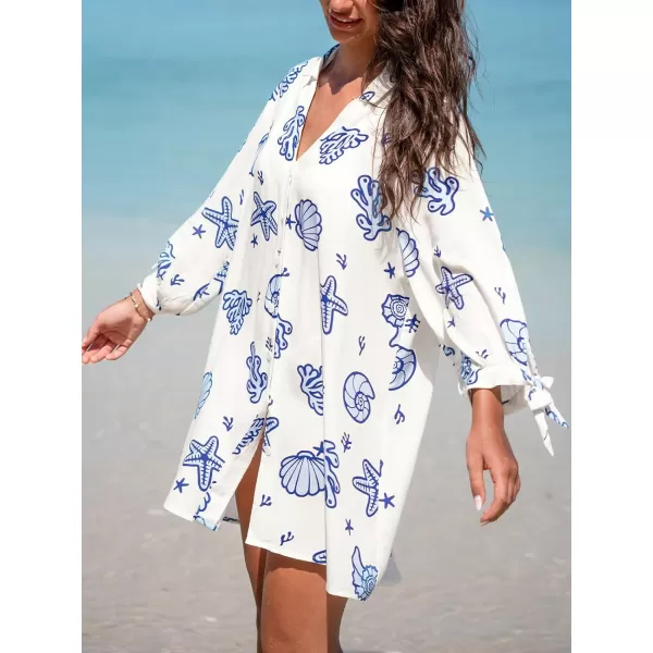 imageCUPSHE Womens Shirt Cover Up V Neck Swimsuit Button Down Casual Beach Dress 2024White Blue Floral