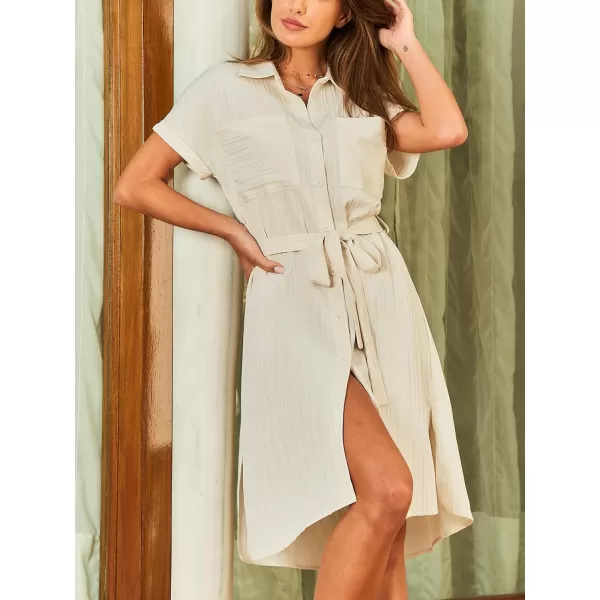 imageCUPSHE Womens Shirt Midi Dress Collared Neck Short Sleeve Front Buttons Waist Tie Side Slit Dresses with Patch PocketsBeige
