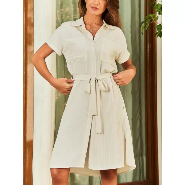 imageCUPSHE Womens Shirt Midi Dress Collared Neck Short Sleeve Front Buttons Waist Tie Side Slit Dresses with Patch PocketsBeige