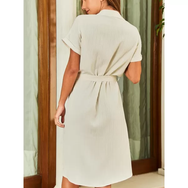 imageCUPSHE Womens Shirt Midi Dress Collared Neck Short Sleeve Front Buttons Waist Tie Side Slit Dresses with Patch PocketsBeige