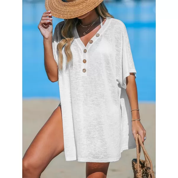 imageCUPSHE Womens Short Sleeve Swimsuit Coverup Front Button Side Split Basic TShirt Beach DressWhite