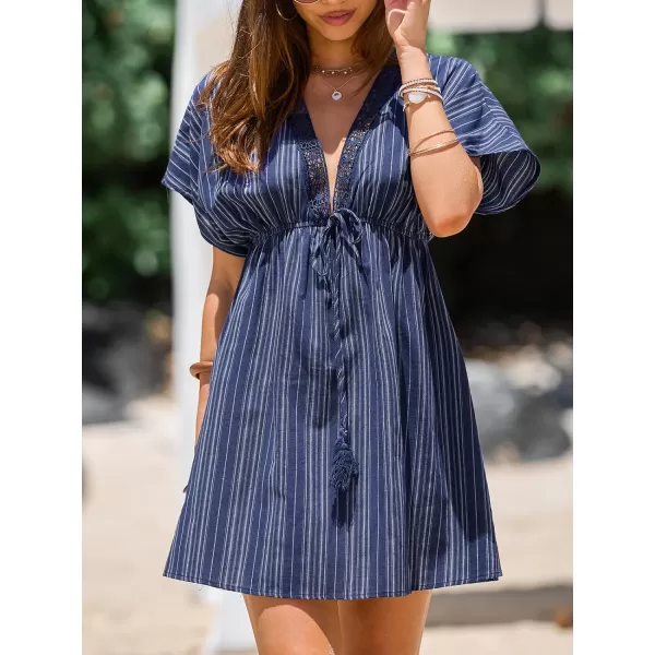 imageCUPSHE Womens Short Sleeve Swimsuit Coverup Striped V Neck Tie Waist Beach DressNavy Stripe
