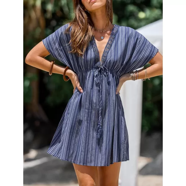 imageCUPSHE Womens Short Sleeve Swimsuit Coverup Striped V Neck Tie Waist Beach DressNavy Stripe