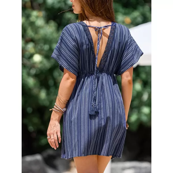 imageCUPSHE Womens Short Sleeve Swimsuit Coverup Striped V Neck Tie Waist Beach DressNavy Stripe