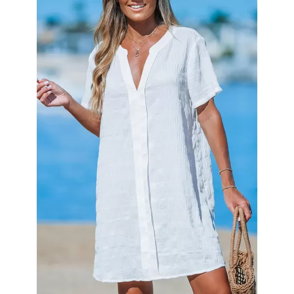 imageCUPSHE Womens Short Sleeves Cover Up V Neck Swimsuit Pleated Beachwear Summer Mini Dresses 2024White