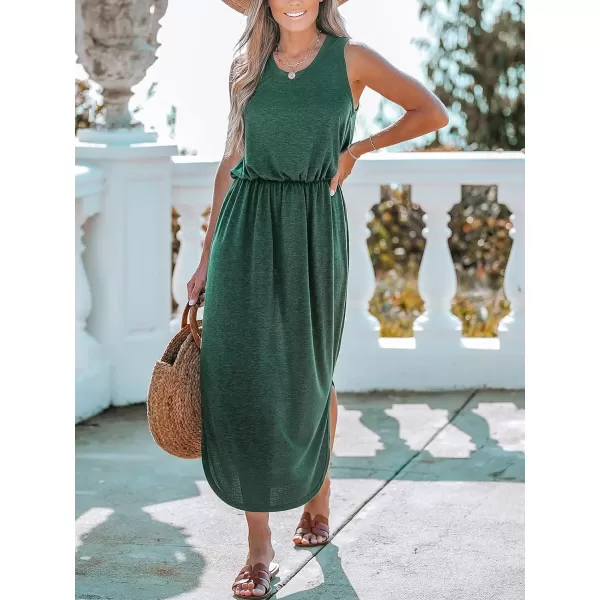 imageCUPSHE Womens Sleeveless Beach Dress Knit Side Slit Round Neck Elastic Waist Casual Summer DressesGreen