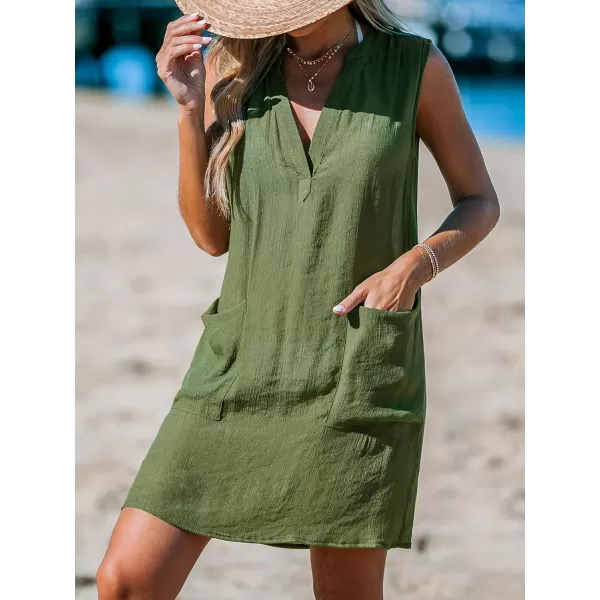 imageCUPSHE Womens Sleeveless Coverups V Neck Mini Dress Casual Bathing Suit Patch Pockets Summer 2024Olive Green