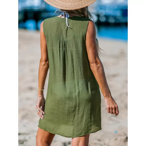 imageCUPSHE Womens Sleeveless Coverups V Neck Mini Dress Casual Bathing Suit Patch Pockets Summer 2024Olive Green