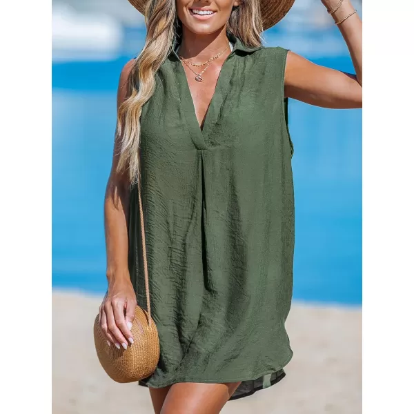 imageCUPSHE Womens Sleeveless Swimsuit Cover Up Bathing Suit Casual V Neck Beach Basic DressGreen