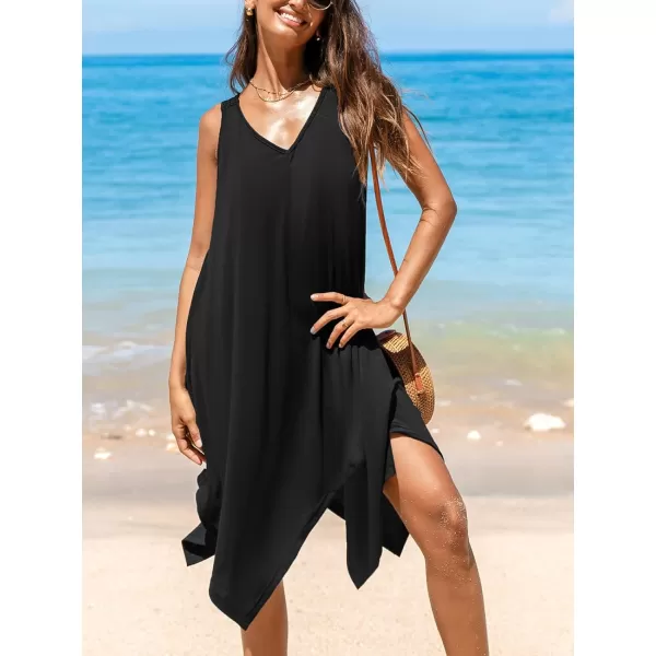 imageCUPSHE Womens Sleeveless Swimsuit Cover Ups Cutout Irregular Hem Knit Flowy Midi DressBlack