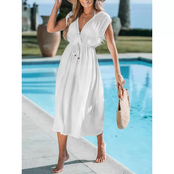 imageCUPSHE Womens Sleeveless Swimsuit Cover Ups Split Lace Up Beach Coverup Swimwear Maxi DressWhite