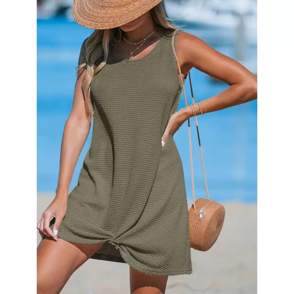 imageCUPSHE Womens Sleeveless Swimsuit Coverup Waffle Knit Swimwear Beach Cover Ups Twisted Mini DressArmy Green