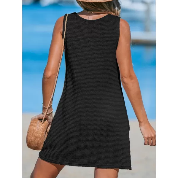 imageCUPSHE Womens Sleeveless Swimsuit Coverup Waffle Knit Swimwear Beach Cover Ups Twisted Mini DressBlack