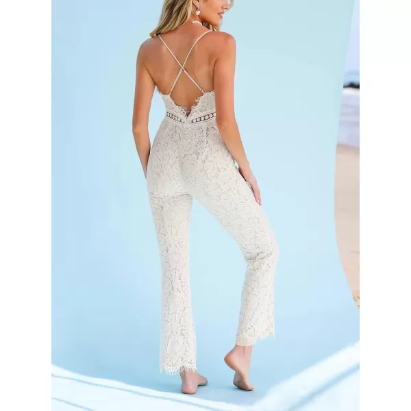 imageCUPSHE Womens Sleeveless V Neck Honeymoon Lace Tassel Cami Romper Bodice Long Maxi JumpsuitWhite