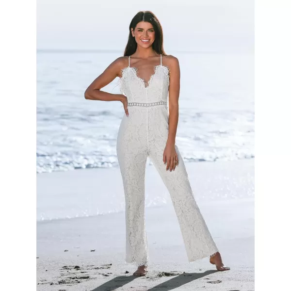 imageCUPSHE Womens Sleeveless V Neck Honeymoon Lace Tassel Cami Romper Bodice Long Maxi JumpsuitWhite
